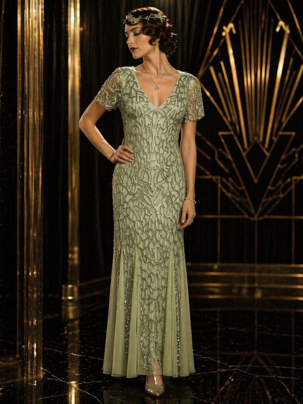 Adrianna Papell Sage Grey Sequin Beaded 1920s Gown